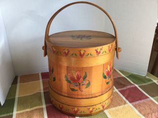 Vintage Hand Painted Wood Firkin Sugar Bucket Primitive Folk Art Painting