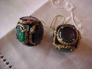 Rare Vintage Crown Trifari Jewels Of India? Earrings Glass Panels Signed Jewelry