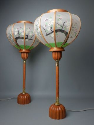 Japanese Vtg Pair Wood Lantern Lamp Room Light Hina Doll Chochin Sakura Electric