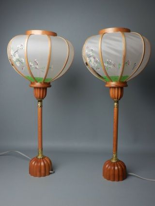 JAPANESE VTG PAIR WOOD LANTERN LAMP ROOM LIGHT HINA DOLL CHOCHIN SAKURA ELECTRIC 3