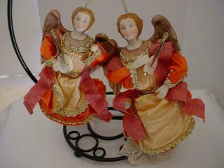 2 Rare Vtg 1984 Kurt Adler 7 8 " Porcelain Angel Mandolin Doll Christmas Ornament
