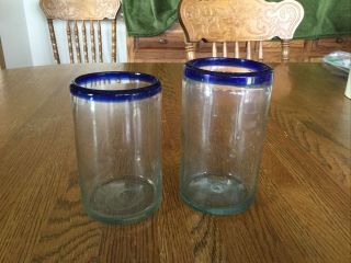 2 Hand Blown Drinking Glasses With Cobalt Blue Rim 16”
