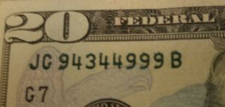 2009 $20 Dollar Bill (smear Error) Rare / Trinary /over Ink Serial Number