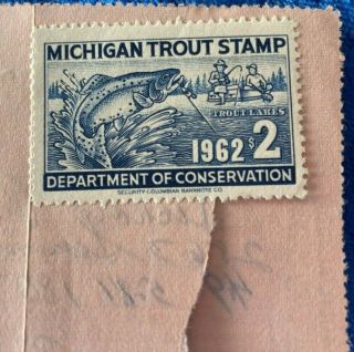 Vintage State Of Michigan 1962 Fishing License Trout Stamp Dept Of Conservation
