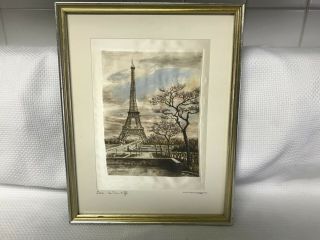 Paris La Tour Eiffel Tower Vintage Silk Painting Matted & Framed Signed
