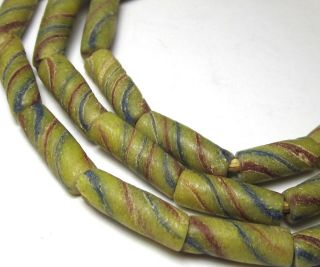 25 " Strand Of Rare Well Worn Long Yellow Striped Ghana Sand Cast Glass Beads