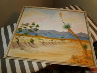 1955 Tall Blooming Yucca Cactus Oil Painting Vintage Signed L Markle 55