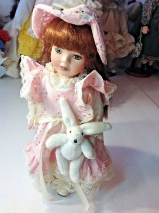 Porcelain Doll 10 " Red Hair Pink Dress W Lace Trim & White Bunny.  Vintage Dt8