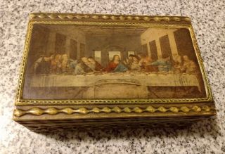 Vintage Italian Florentine Last Supper Gilded Gold Wooden Trinket/rosary Box