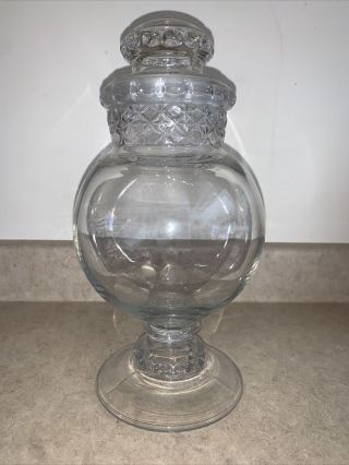 Vintage Apothecary Jar Glass Footed Show Globe Diamond Thumbprint 11.  5”