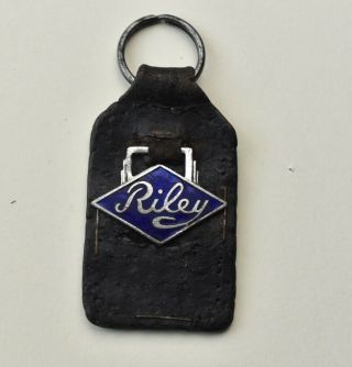 Vintage Riley Enamel And Leather Key Fob Badge Keyring Rare Motor Car