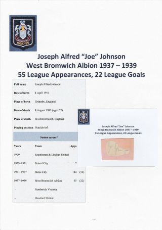 Joe Johnson West Bromwich Albion 1937 - 1939 Rare Hand Signed Cutting