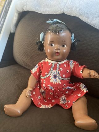 Vintage/antique Black Composition Topsy Baby Doll 11” Tall