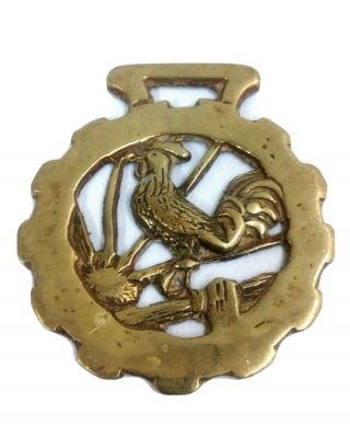 Antique English Horse Brass Medallion With A Rooster - Chicken Sitting On A Fence