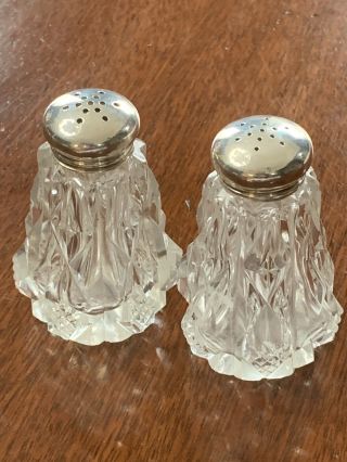 Vintage Cut Crystal Glass Salt And Pepper Shakers With Sterling Silver Tops