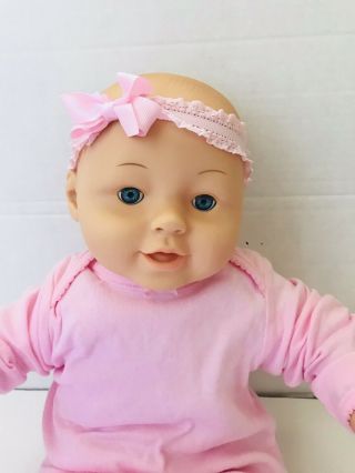 Vtg Realistic Reborn Vinyl Baby Girl Doll Blue Eyes Soft Cloth Body W/pink Gown
