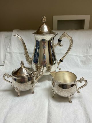 Vintage Leonard Ornate Silver Plate 3 Piece Coffee Tea Set Teapot Sugar Creamer