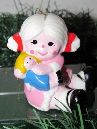 Vintage Girl In Pink Dress W Doll Ceramic Bone China Christmas Ornament 1980 