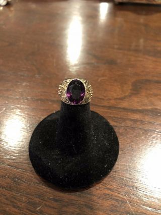 Antique Sterling Silver Filigree Ring With Amethyst Colored Glass Stone - Size 4