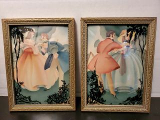 Vintage Reverse Painted Silhouette Convex Glass Framed Southern Couple Set Of 2