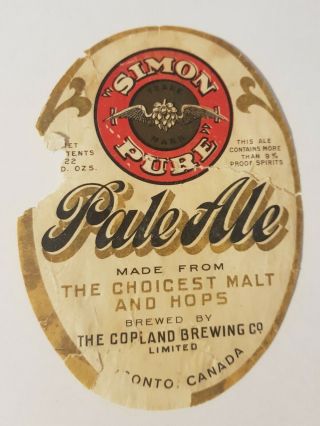 Rare Old Beer Label From Canada/simon Pure,  The Copland Brewing