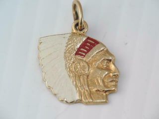Rare Vintage Solid 14k Gold Enamel Native American Indian Chief Charm