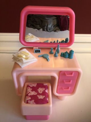 Vintage 1977 Barbie Dream House Furniture Pink Vanity & Butterfly Stool