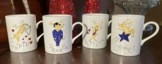 Set Of 4 Pottery Barn Reindeer Mugs Retired/rare - Comet,  Cupid,  Donner,  Blitzen