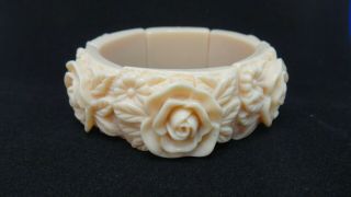 Antique Ivory Color Carved Floral Flower Celluloid Panel Stretch Bracelet
