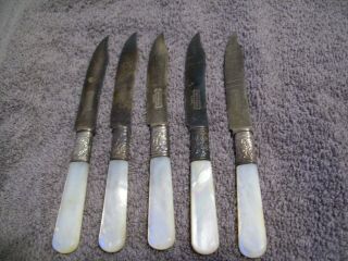 5 Pc L.  F & C Universal Sterling,  Mother Of Pearl,  & Silver Plate Fruit Knives