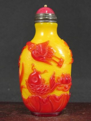 Chinese Carp Crane Carved Peking Overlay Glass Snuff Bottle