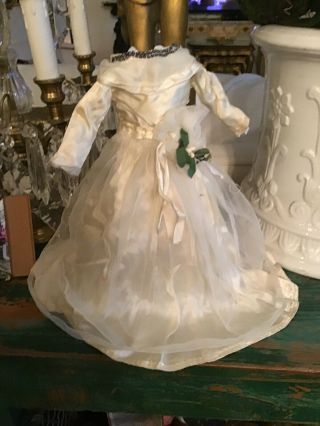Vintage Ivory Silk Satin Netted Overlay Doll Dress Wedding Gown W/ Faux Flower