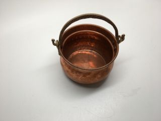 Antique/vtg Small Hammered Copper Pot Planter Cauldron Brass Handle