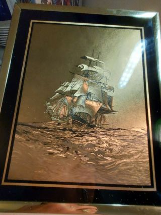 Vintage Dufex Gold Foil Framed Picture 8 " X 10 " Ship At Sea