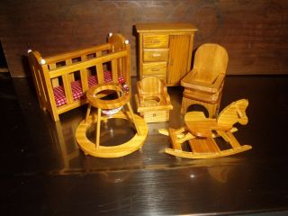 Vtg Miniature Doll House Furniture - - Complete Maple Nursery Set - Dollhouse Crib,