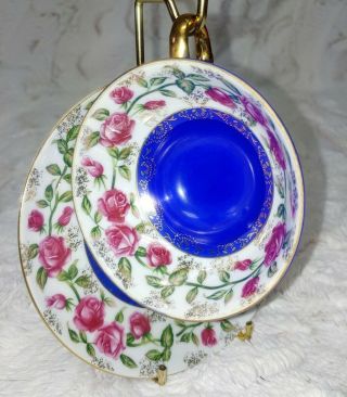 Vintage Royal Blue With Rose & Gold Trim Tea Cup & Saucer Set