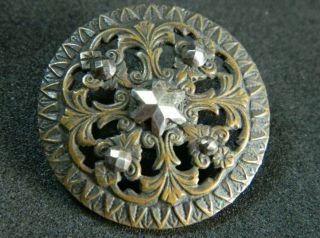 Antique Victorian Button Openwork Brass W Star Cut Steel Plus 4 Cut Steels