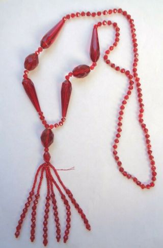 Vintage Antique Long Red Faceted Glass Bead Tassel Flapper Necklace