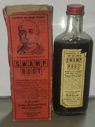 Vintage Swamp Root Quack Cure Medicine Bottle Box Dr.  Kilmer 5 - 1/2 Oz