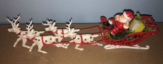Vintage Rare Christmas Plastic Santa Gifts & Holly In Sleigh With 4 Reindeer