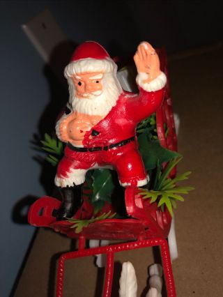 Vintage RARE Christmas Plastic Santa Gifts & Holly in SLEIGH With 4 REINDEER 2