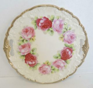 Antique Handled Cake Plate,  Old Ivory,  Ohme Porcelain - Red & Pink Roses