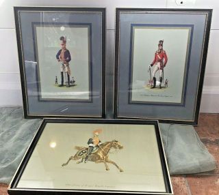 3 Framed Vintage Prints Of Napoleonic British Soldiers In Traditional Uniforms