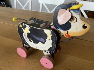 Vintage 1958 Fisher Price Moo Oo Cow Wood Pull Toy 155 Antique Vtg Child