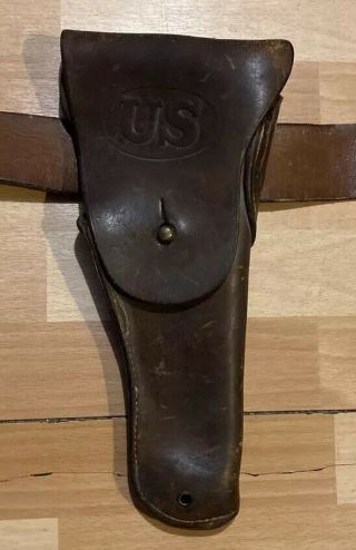 Rare Antique Wwii (?) Us Military Leather Holster With Belt & Brass Jesus Buckle