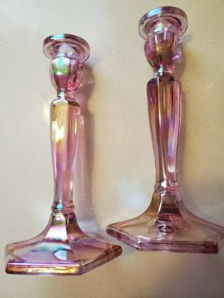 Fenton Set Of 2 Pink Iridescent Carnival Glass Candlestick 8 1/2 " Tall Very Rare