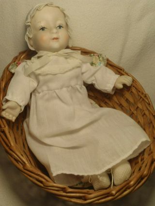 Antique Vintage Bisque Baby Doll Cloth Body Orig Dress Hat Socks Basket Bedding