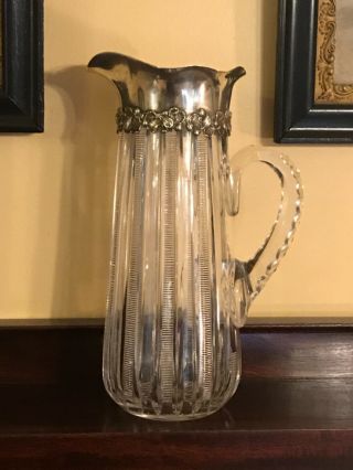 Rare Antique A.  Stowell & Co.  12 " Crystal Pitcher With Sterling Floral Motif