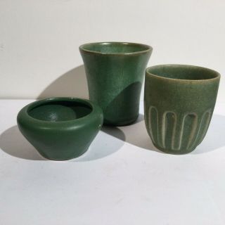 3 (three) Piece Antique Arts & Craft Flat Matt Green Small Vases