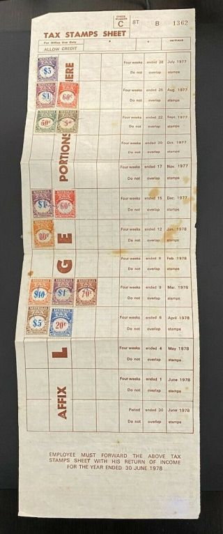 Rare Australia Revenue Fiscal Tax Stamp Sheet With Stamps